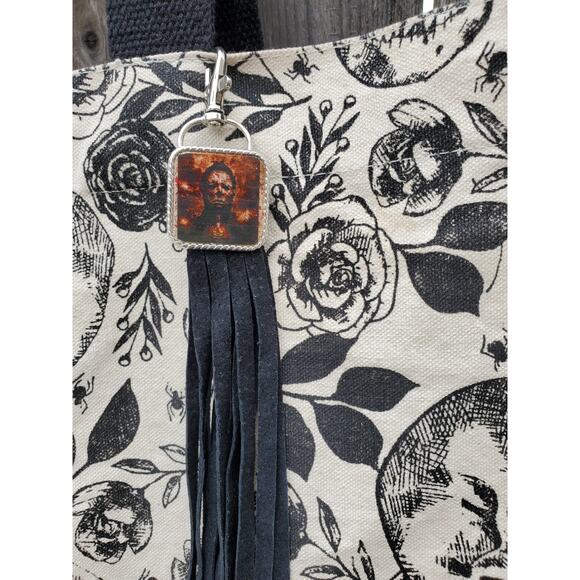 Handmade Halloween horror Leather Fringe purse bag charm keychain spooky vibes - Picture 1 of 4